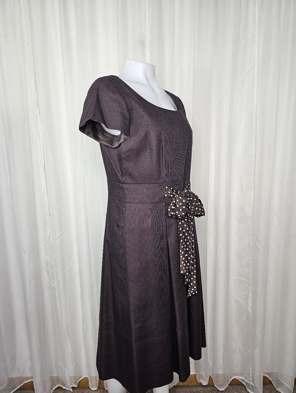 Talbots Chocolate Brown Silk Blend Sheath Midi Dress with Polka Dot Bow Sash 12 - Picture 6 of 11